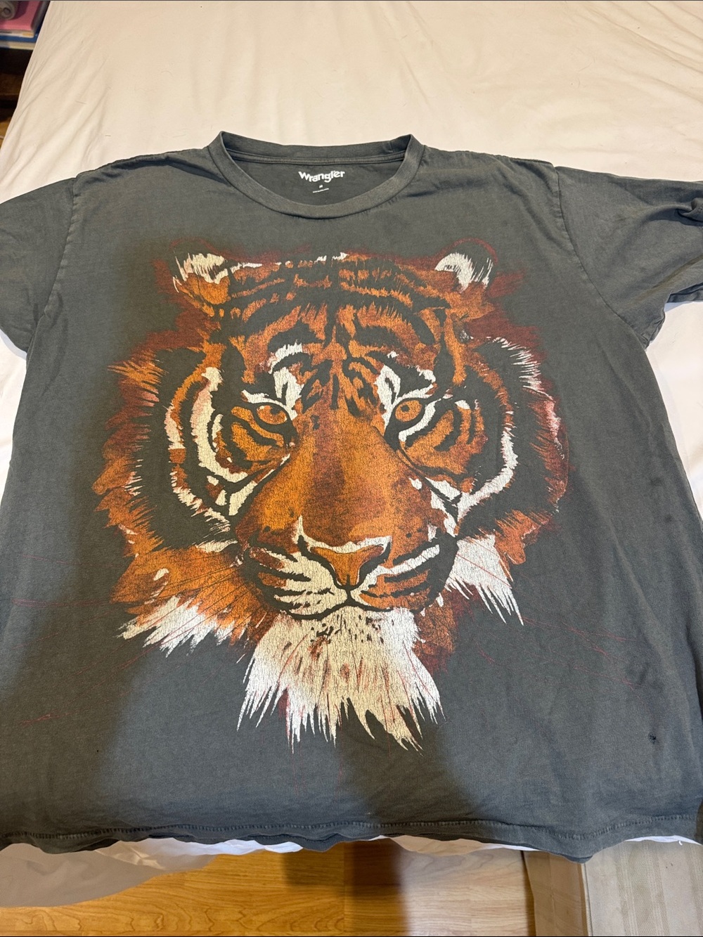 Wrangler Charcoal Tee with Bold Orange Tiger Print